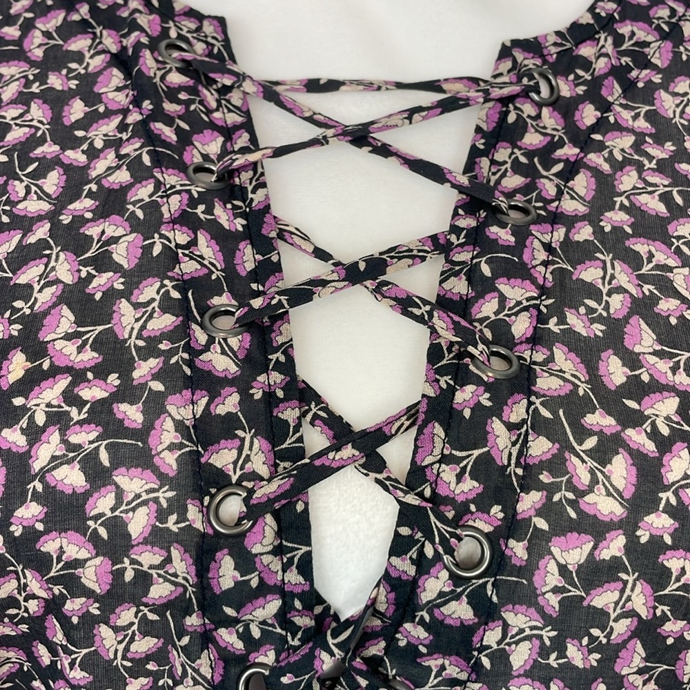 MCGUIRE Gray and Purple Floral Long Sleeve Cotton Peplum Blouse. Size Small. - Picture 5 of 12